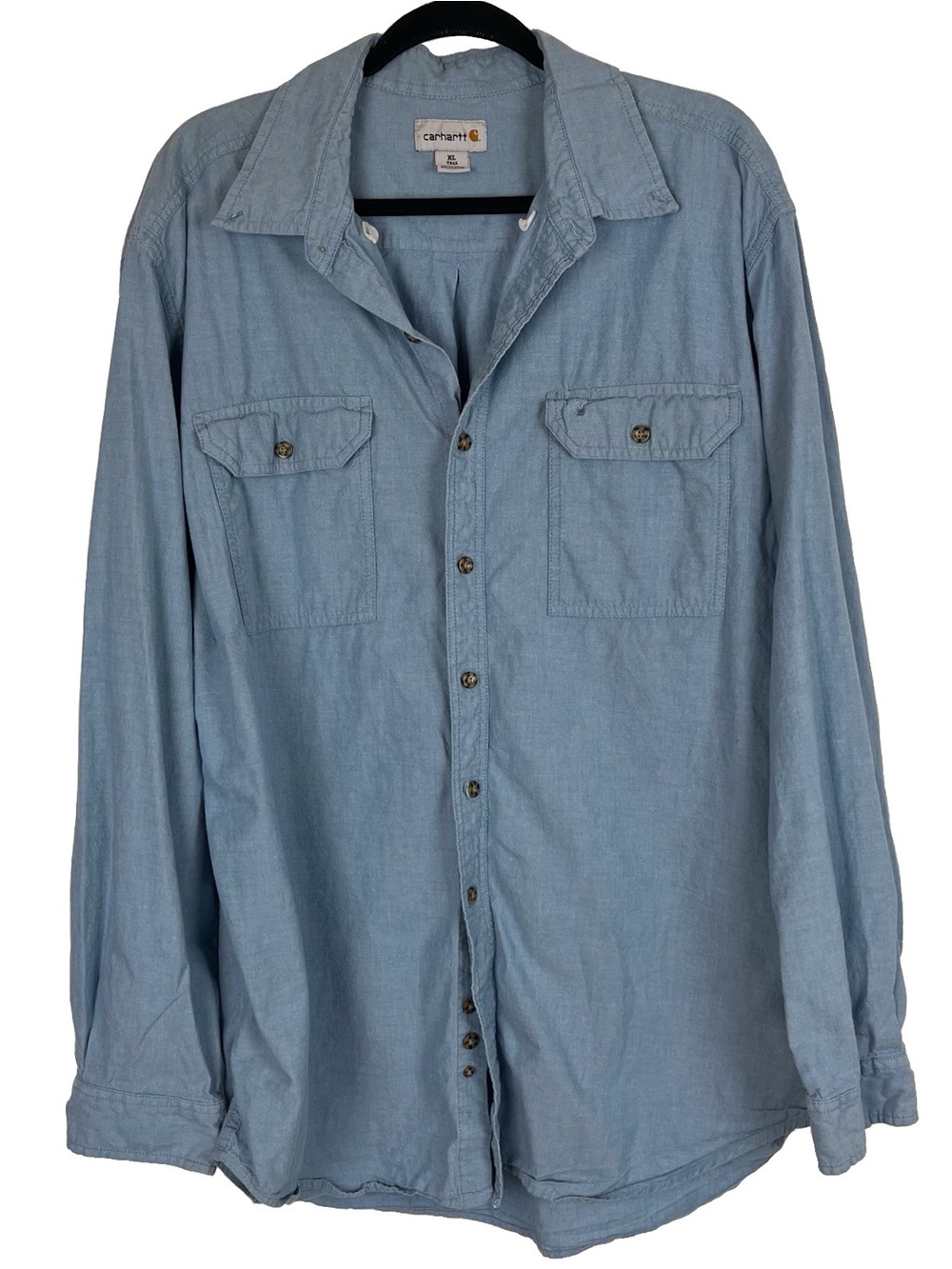 Carhartt Mens Light Wash Blue Denim Button Down Shirt 2 Front Pocket Size XL